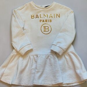 Balmain Kids White Sweatshirt Dress with Gold Logo
